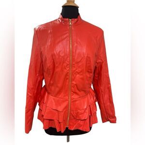 Ashley Stewart Red Orange Faux Leather Jacket w/ Gold Accents-size 12